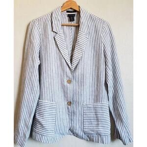Tahari Blazer Women L Blue White Striped Linen Two Button Preppy Timeless Jacket